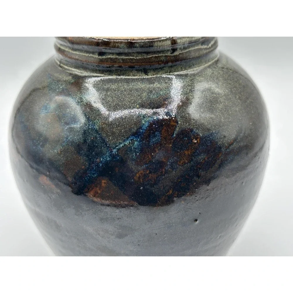 Artist Signed Handcrafted Vintage Studio Pottery Vase With Bronze and Blue Speck